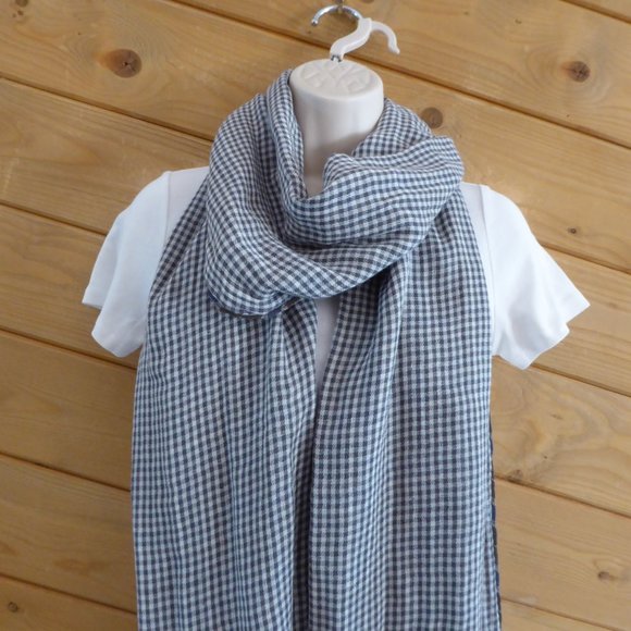 L.O.G.G. H&M Blue Gray Check Reversible w/Tassel Crinkle Wrap Shawl Muffler - Picture 6 of 8